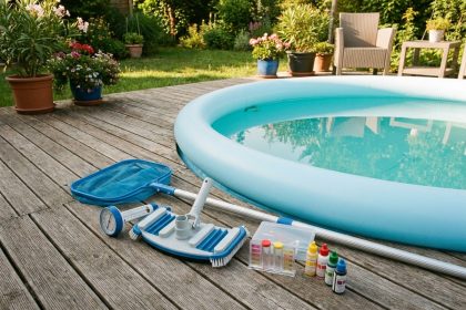 Accessoires essentiels pour piscine hors sol disposés sur une terrasse en bois : épuisette, aspirateur, thermomètre et kit de test chimique