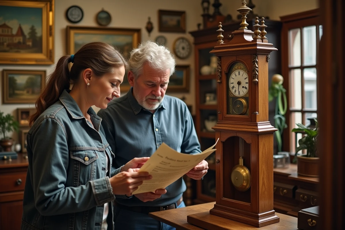 Couple examinant une horloge comtoise restaurée chez un antiquaire avec certificat de provenance