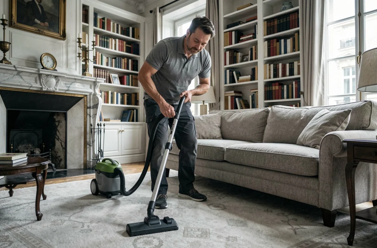 Agent d'entretien masculin passant l'aspirateur dans un salon de style haussmannien à Reims