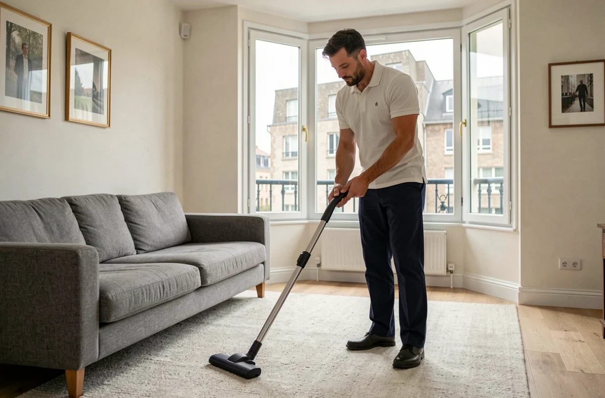 Homme aide à domicile passant l'aspirateur dans un salon contemporain d'une maison au Havre