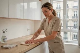 Aide ménagère professionnelle en uniforme nettoyant un plan de travail dans un appartement moderne au Havre