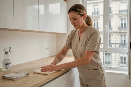 Aide ménagère professionnelle en uniforme nettoyant un plan de travail dans un appartement moderne au Havre