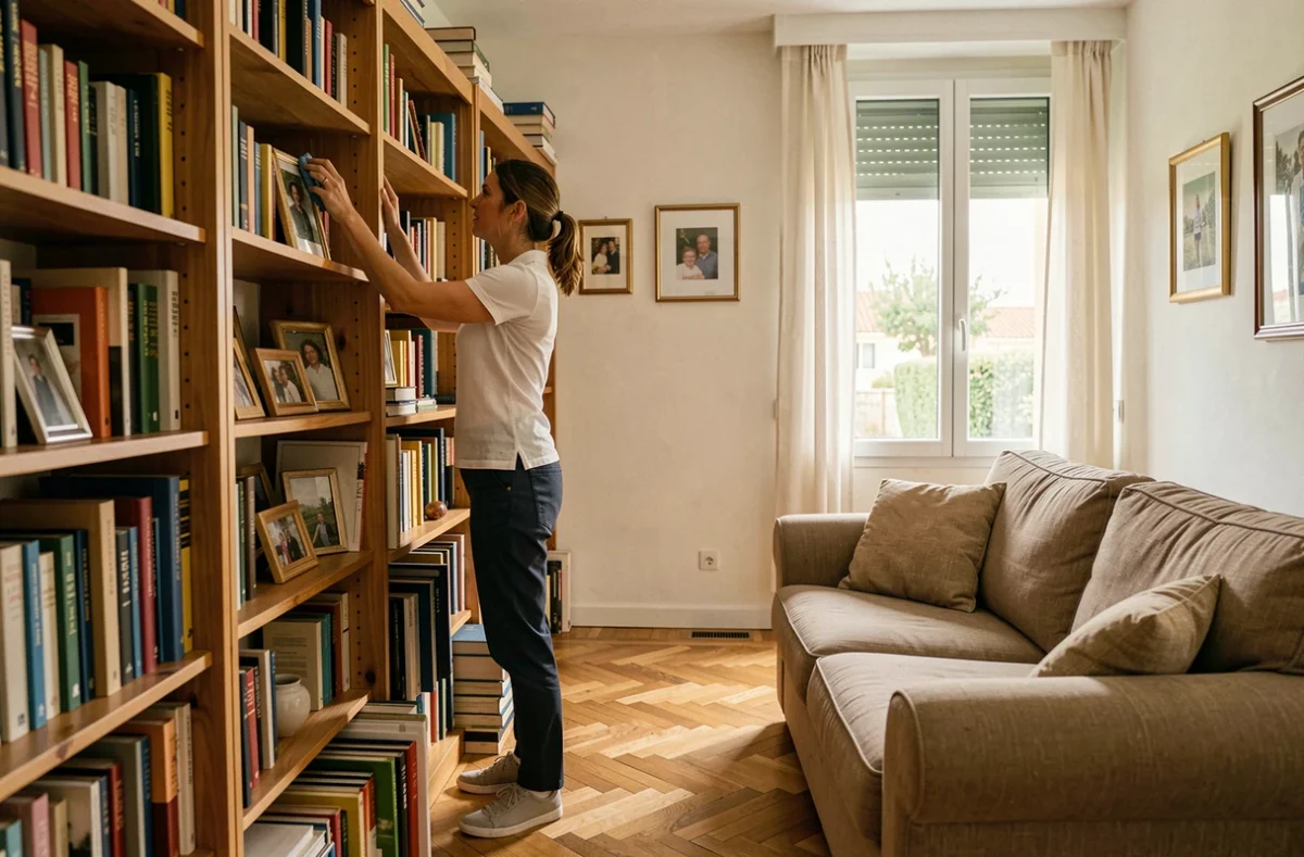 Aide ménagère dépoussiérant des étagères dans un salon français soigné et bien décoré