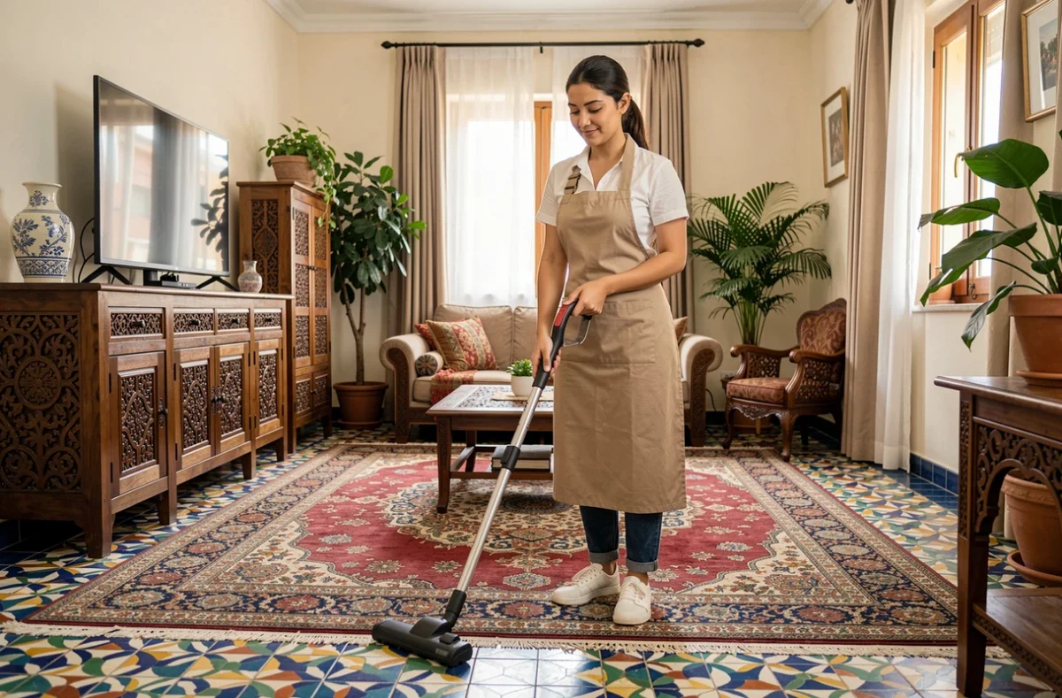 Aide ménagère passant l'aspirateur dans un salon décoré à l'algérienne avec des carreaux de zellige et des meubles en bois sculpté