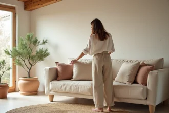 Femme arrangeant des coussins dans un salon décoré de façon personnalisée avec des matériaux naturels