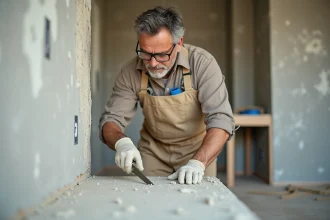 Artisan appliquant un enduit de finition sur des plaques de plâtre avec une spatule large dans une pièce en rénovation