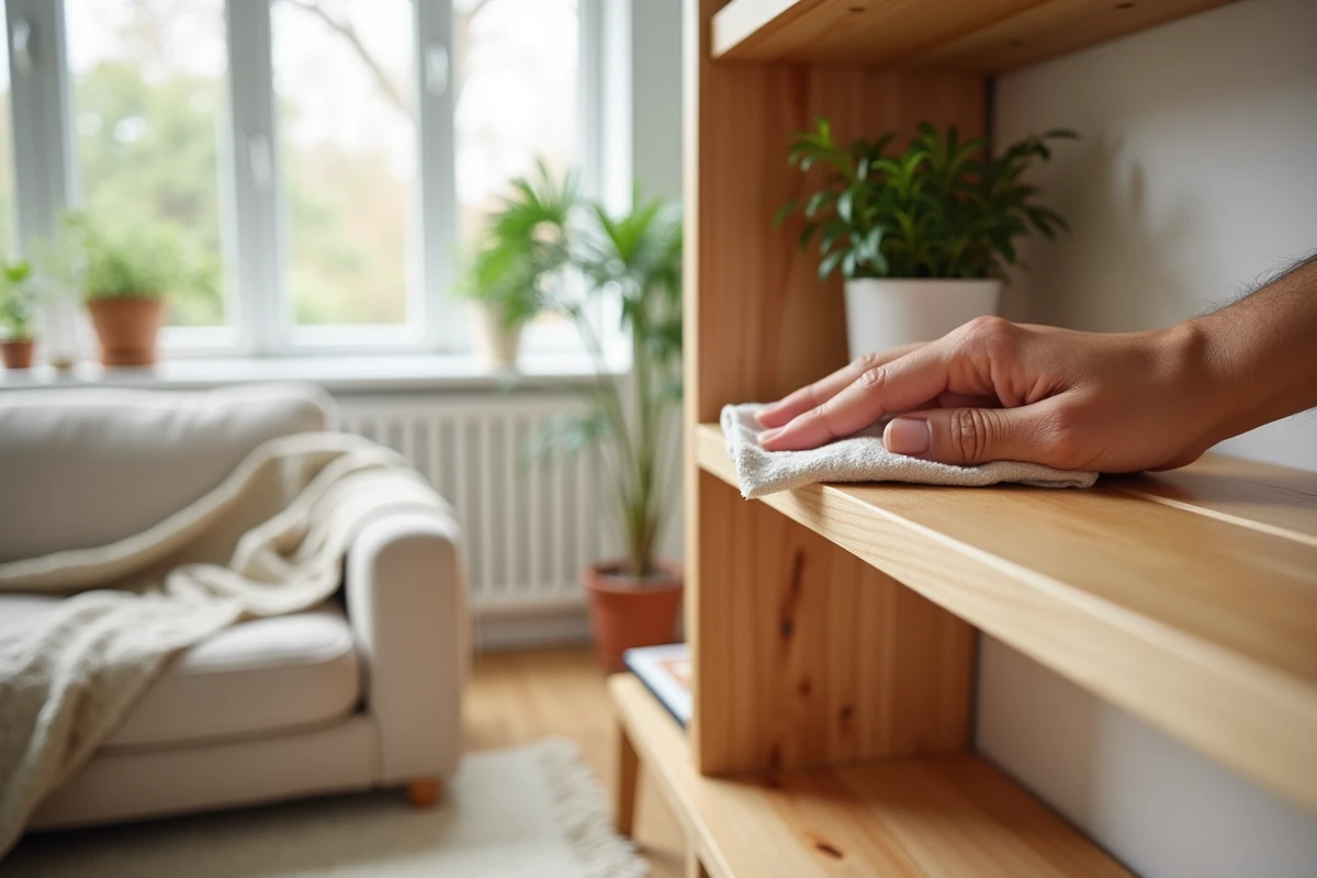 Application d'un produit d'entretien sur la surface en bois d'un book stacker pour préserver sa durabilité