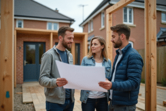 Architecte femme discutant de plans avec un couple devant une extension de maison