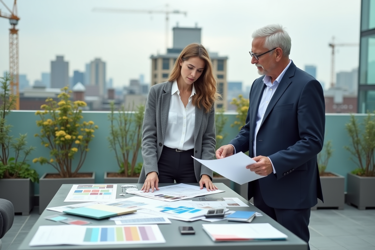 Architecte discutant avec un client sur un toit avec échantillons