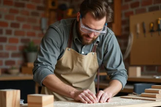 Artisan adulte ponçant une planche en bois dans un atelier pour créer un espace de jeu sécurisé pour enfants
