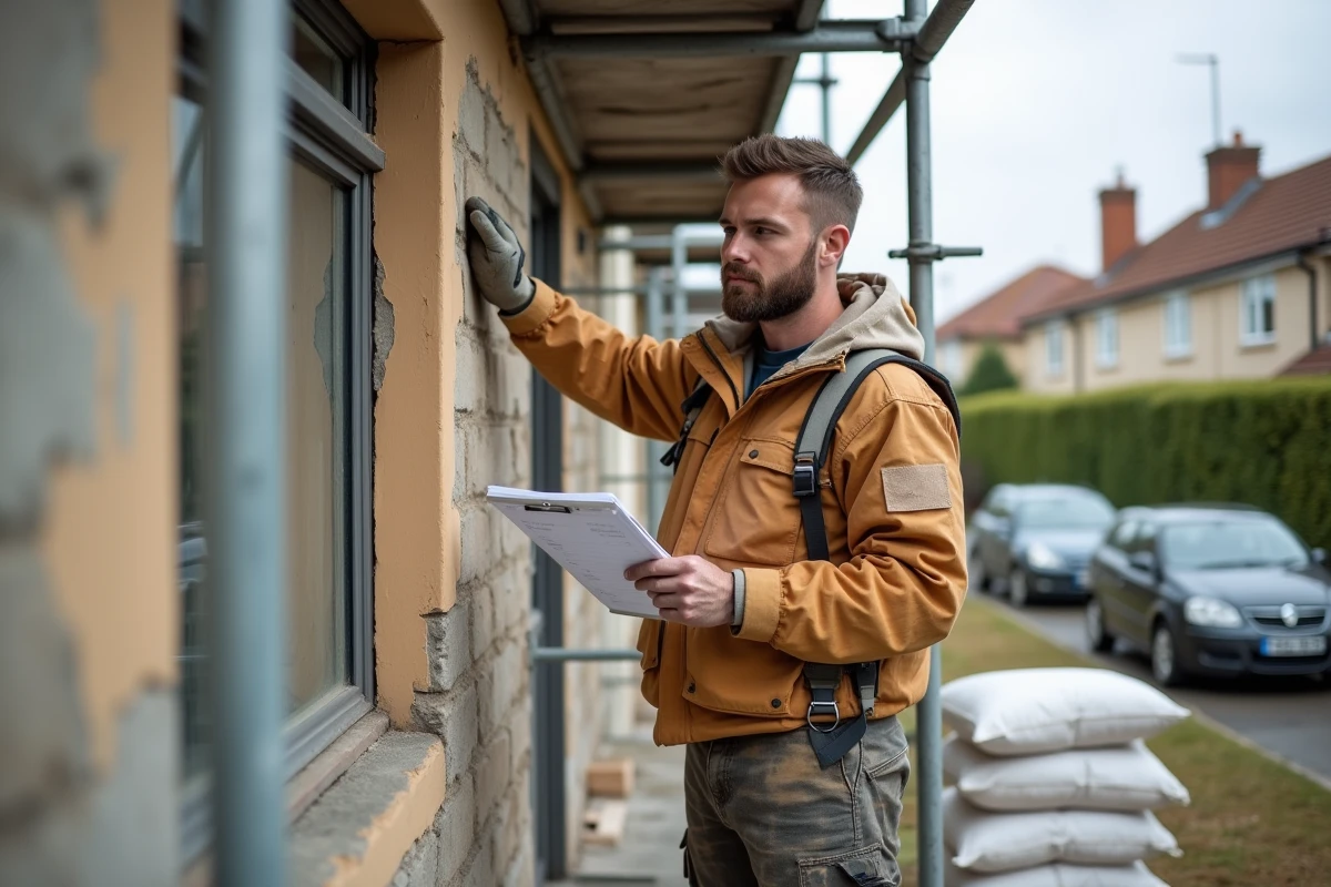 Artisan maçon évaluant des travaux de rénovation de façade pour établir un devis sur site