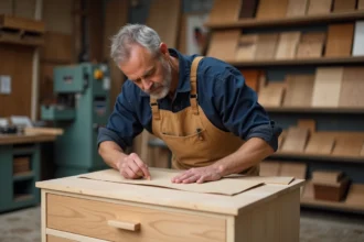 Artisan middleaged appliquant une fine couche de bois sur un meuble moderne