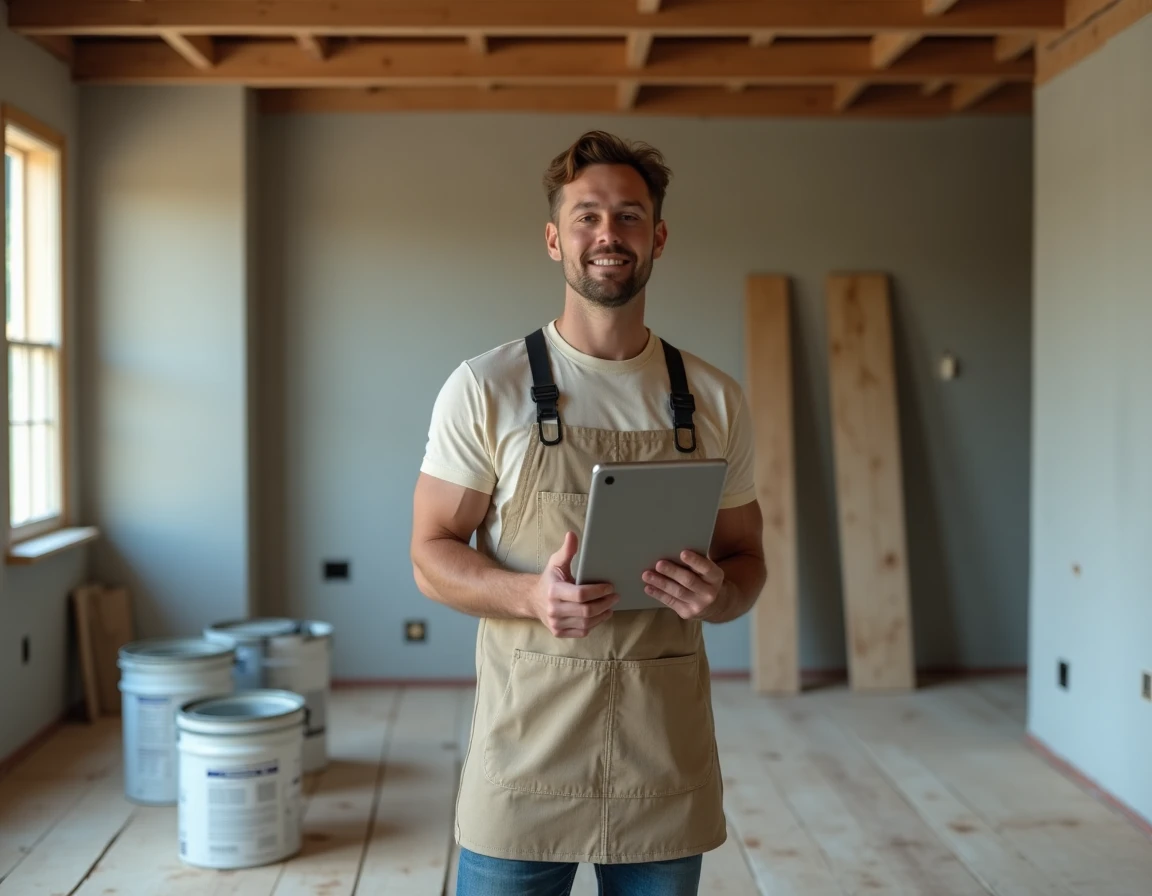 Artisan en pleine rénovation consultant une plateforme de services à domicile sur une tablette