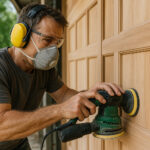 Artisan ponçant un portail en bois avec outils modernes