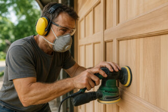 Artisan ponçant un portail en bois avec outils modernes