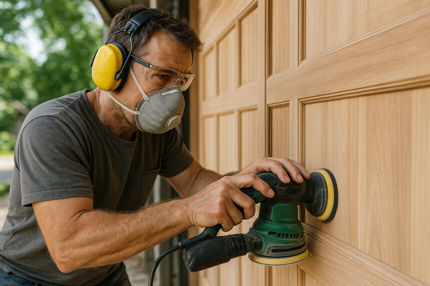 Artisan ponçant un portail en bois avec outils modernes