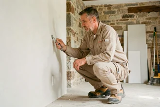 Artisan en train d'inspecter un mur rénové dans une maison à Nantes, alliant ancien et moderne