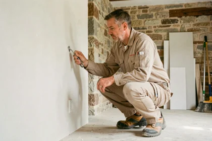 Artisan en train d'inspecter un mur rénové dans une maison à Nantes, alliant ancien et moderne