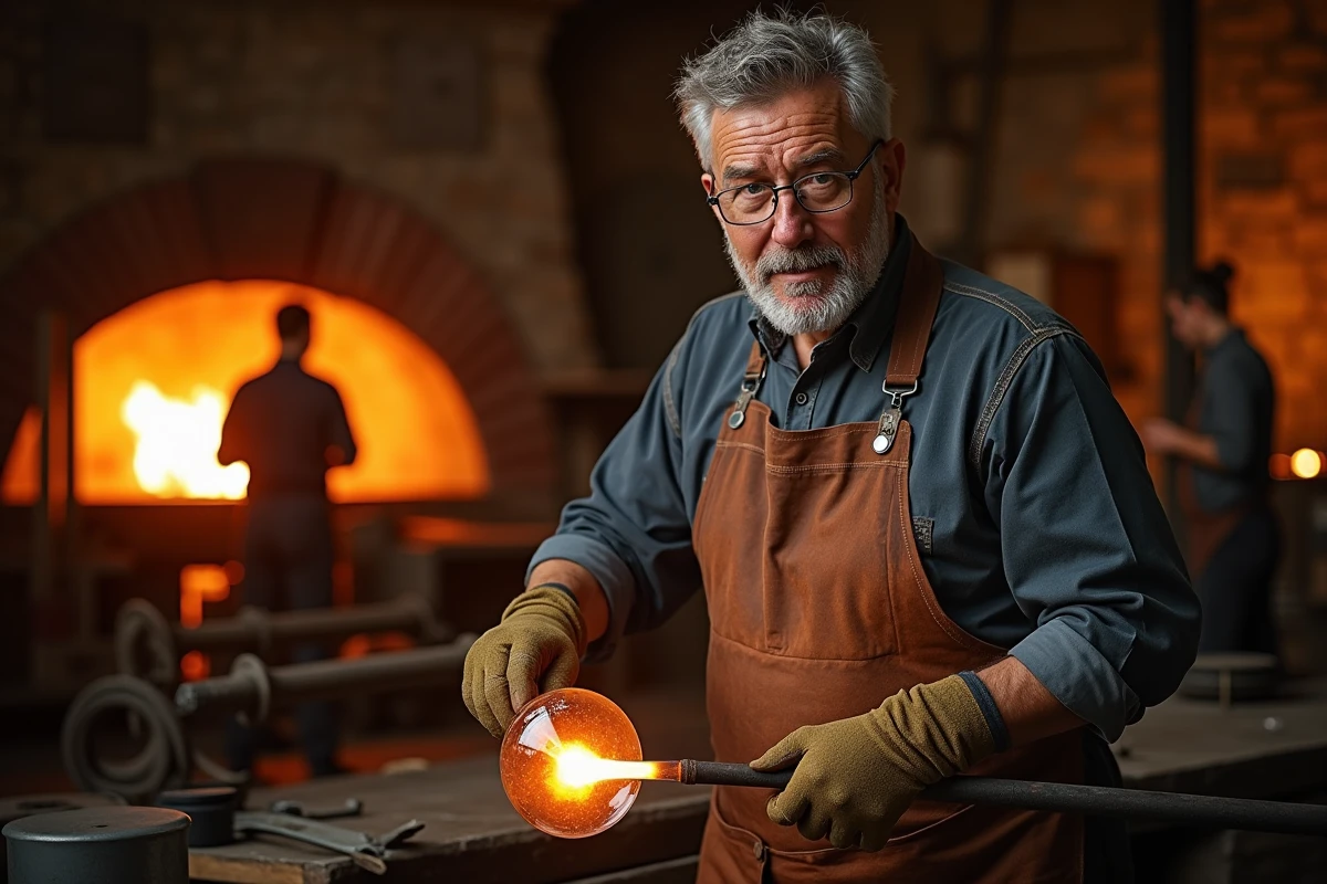 Artisan souffleur de verre en train de façonner un verre en cristal dans une cristallerie traditionnelle française