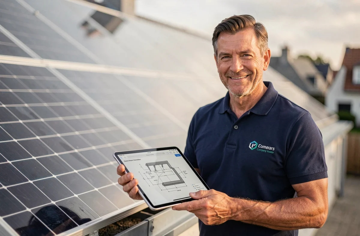 Consultant en énergie solaire de la société Artyseo posant devant une installation de panneaux photovoltaïques à Tours