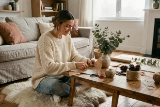 Femme en pull tricoté crème réalisant un atelier DIY hygge avec branches d'eucalyptus et matériaux naturels dans un salon scandinave cosy