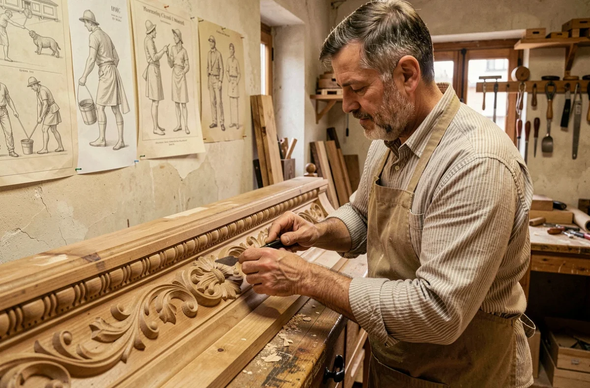 Artisan de l'Atelier F. Perroy à Mulhouse sculptant une moulure décorative en bois avec des outils de menuiserie traditionnels