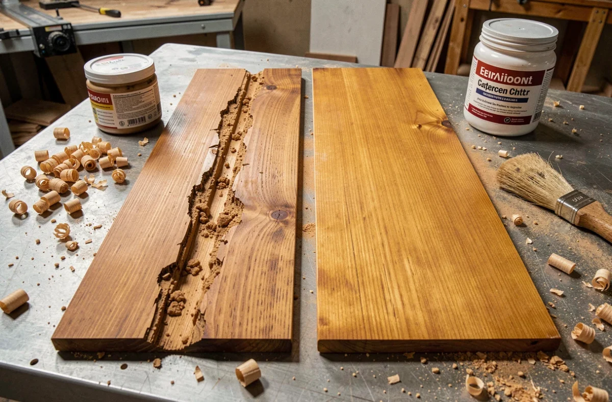 Comparaison de deux lames de parquet en bois avant et après traitement contre le capricorne des maisons