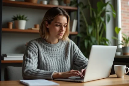 Femme rédigeant un avis client sur un site e-commerce depuis son bureau à domicile