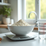 Balance de cuisine avec bol de farine pesant 300 grammes