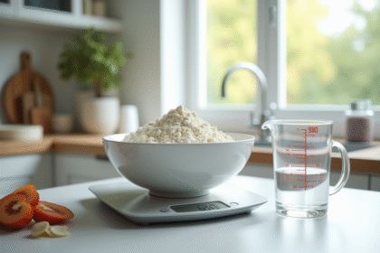 Balance de cuisine avec bol de farine pesant 300 grammes