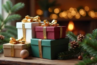 Collection de boîtes à cadeaux vides de Noël en finitions matte, brillante et kraft sur une table en bois rustique avec des rubans dorés et des nœuds en satin