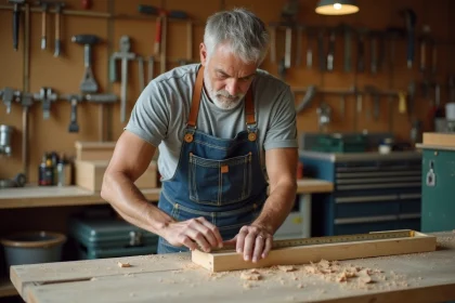 Bricoleur expérimenté mesurant une planche en bois dans un atelier de bricolage bien organisé