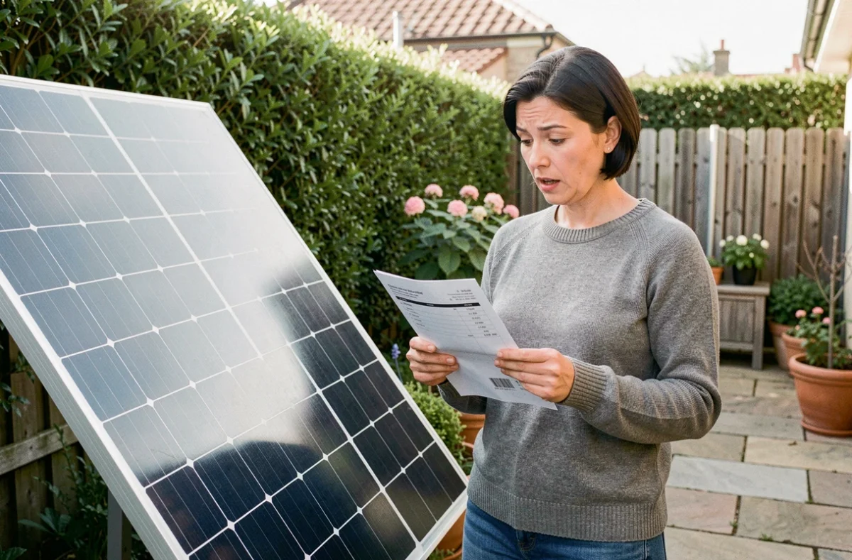 Femme consultant le budget d'installation de panneaux solaires dans son jardin