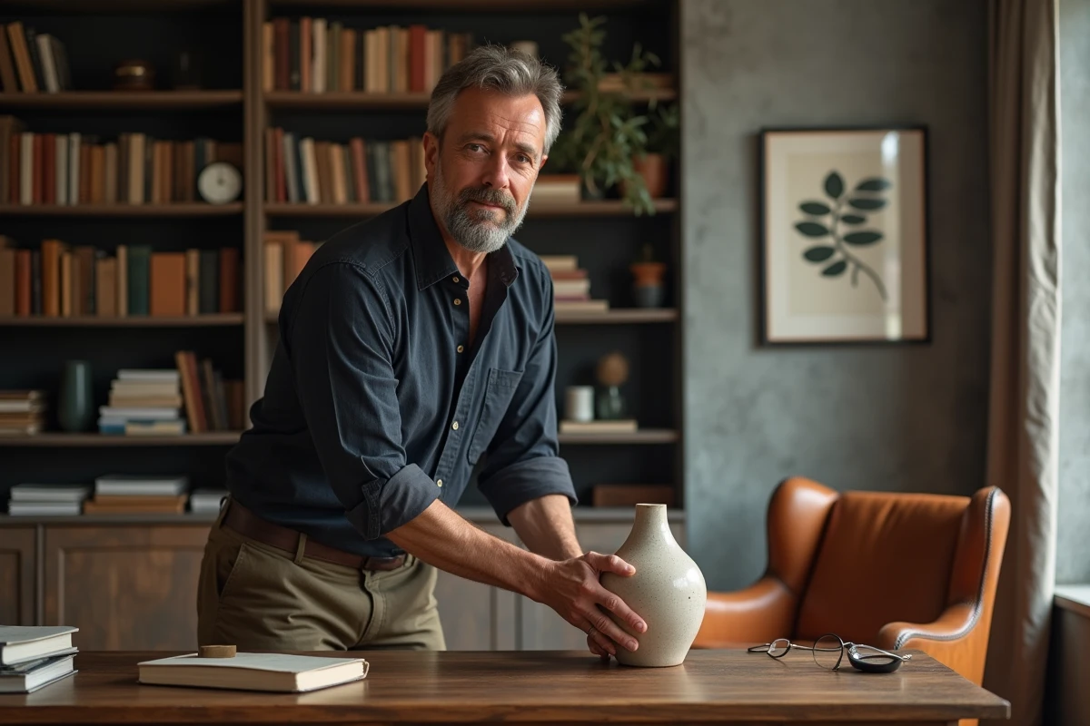 Homme plaçant un vase en céramique sur une étagère dans un bureau à domicile au décor soigné