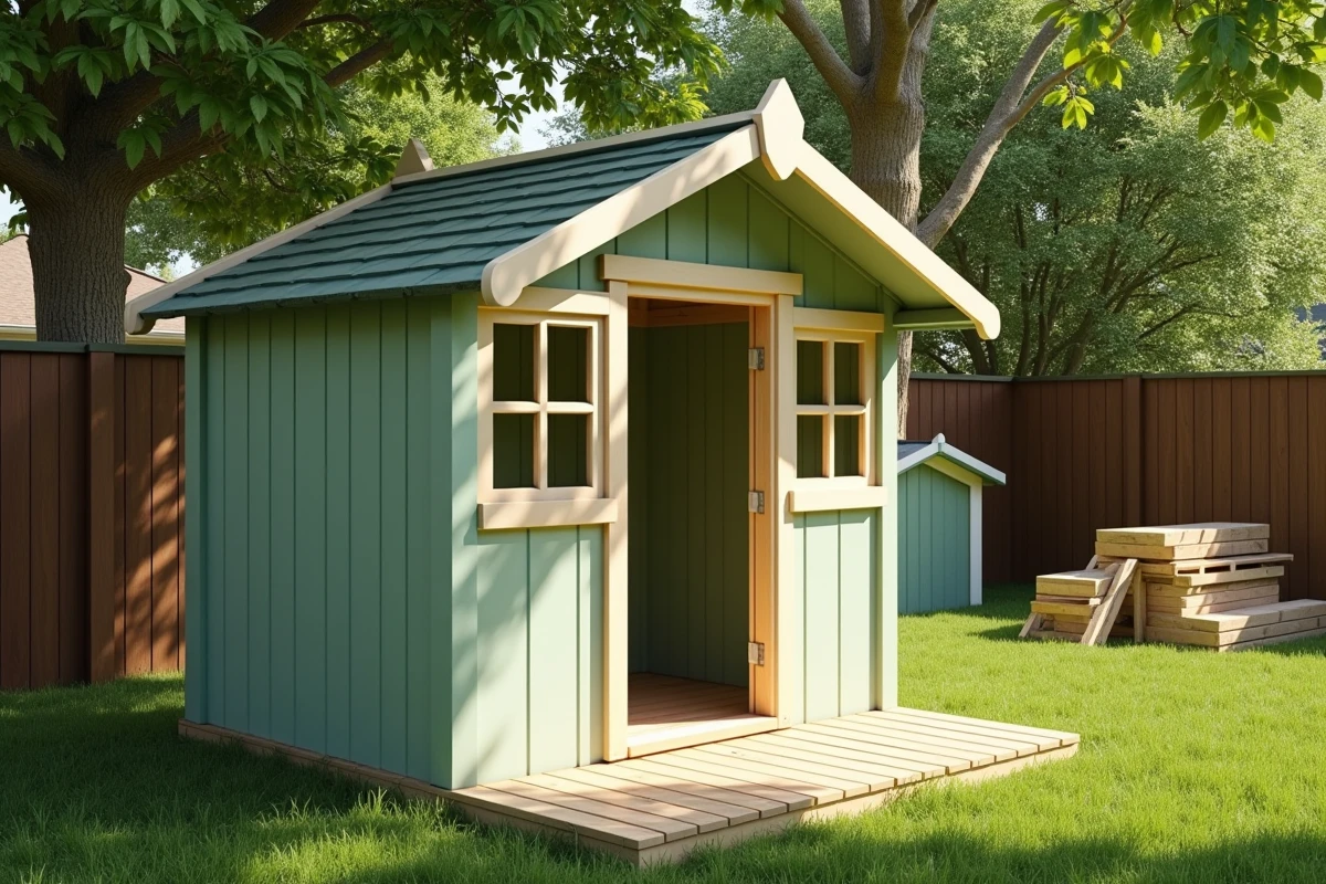Cabane en bois pour enfants construite en toute sécurité dans un jardin de maison individuelle avec peinture non toxique