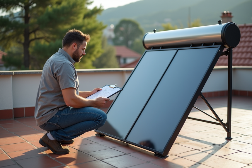 Homme installé un chauffe-eau solaire extérieur