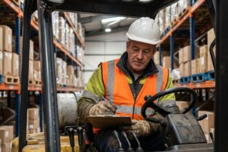 Opérateur de chariot élévateur vérifiant une checklist dans un entrepôt moderne