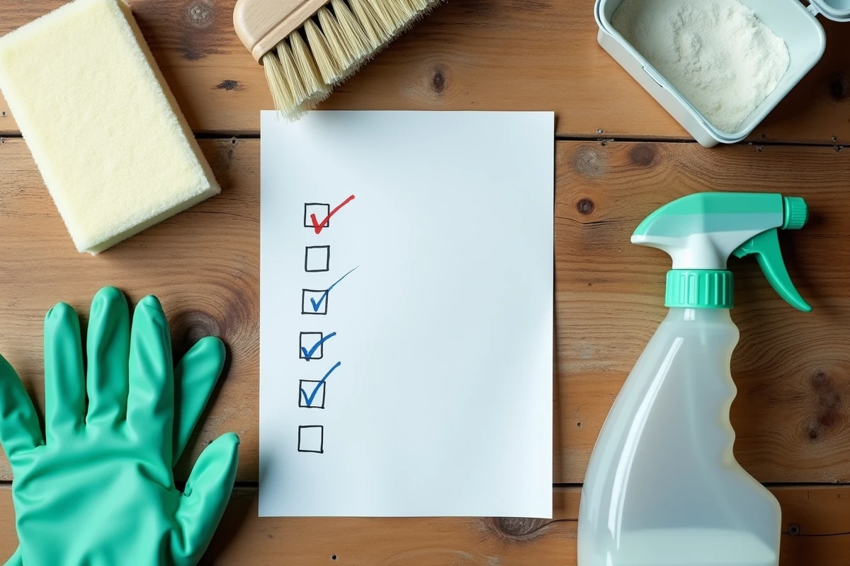 Checklist et outils de lessivage mur posés sur un parquet en bois : éponge, brosse, gants et produit nettoyant