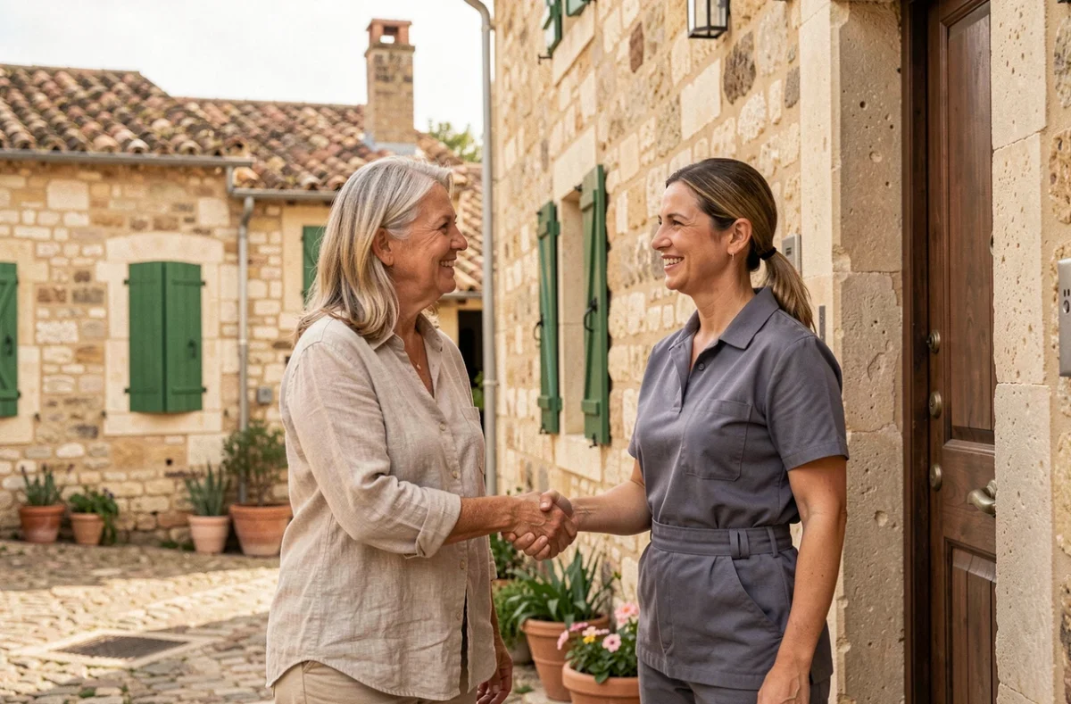 Une propriétaire et une femme de ménage se serrant la main devant une maison en pierre typique de Carcassonne