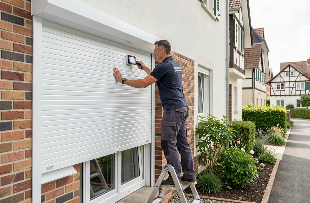 Installateur de Class'Fermeture posant un volet roulant PVC blanc sur une façade résidentielle à Horbourg-Wihr