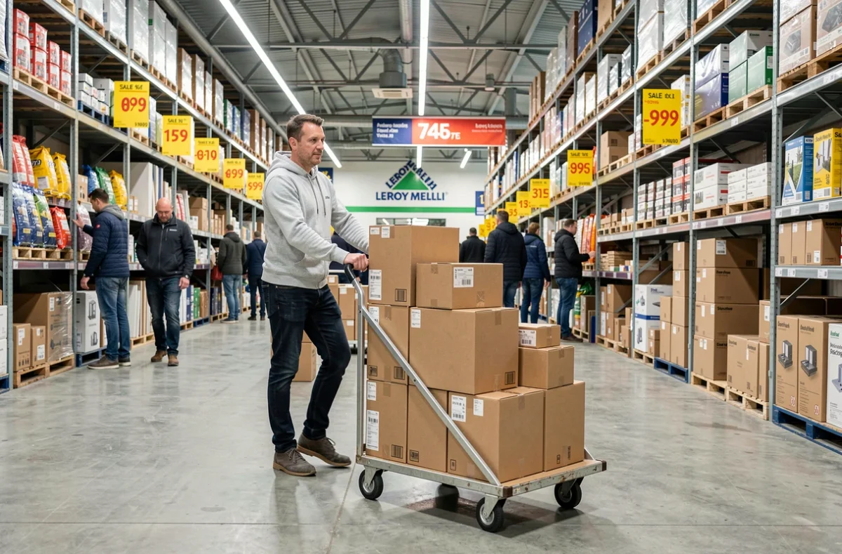 Client poussant un chariot chargé de produits dans un magasin Leroy Merlin lors des soldes avec horaires étendus