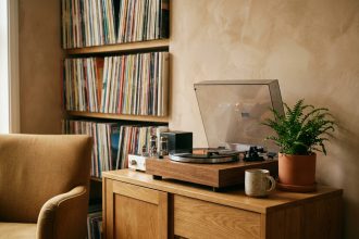Coin musique chaleureux avec platine vinyle posée sur un meuble en chêne et rangements vinyles organisés dans un salon cosy