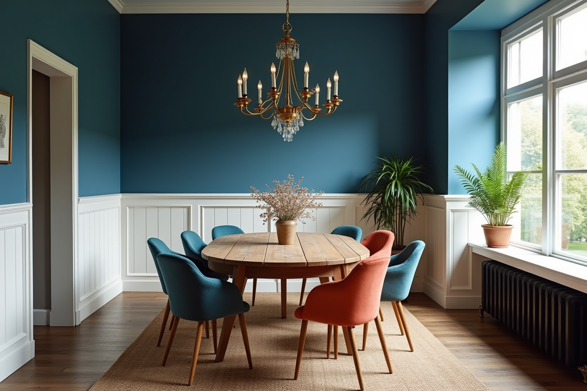 Coin repas chaleureux avec murs bleu foncé et chandelier vintage