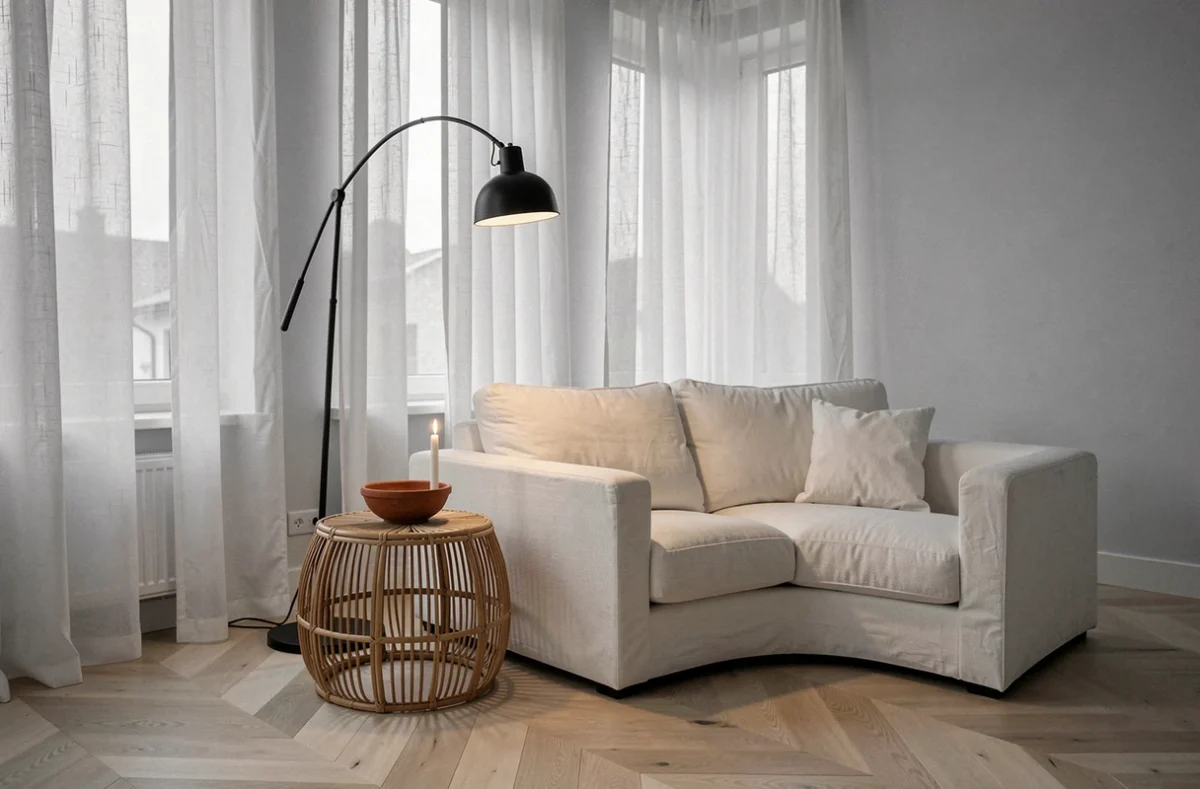 Coin salon noir et blanc au crépuscule avec rideaux en lin et accessoires en rotin et terre cuite