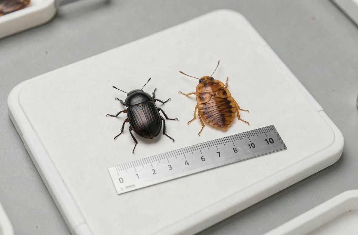 Comparaison côte à côte d'un petit insecte noir et d'une punaise de lit sur un plateau blanc avec règle graduée