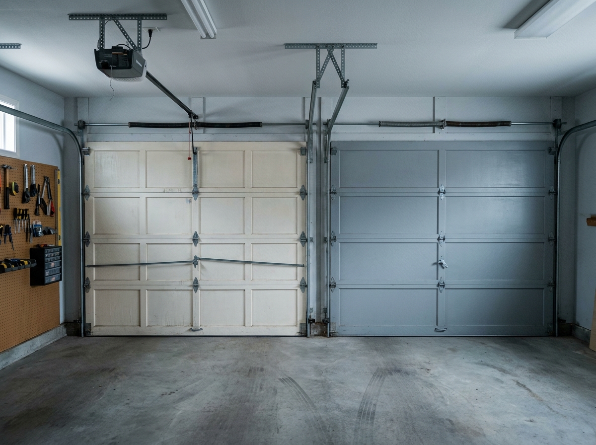 Vue intérieure d'un double garage comparant une porte sectionnelle motorisée avec rail au plafond et une porte basculante manuelle côte à côte