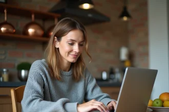 Femme comparant des services de travaux en ligne sur un ordinateur portable dans sa cuisine