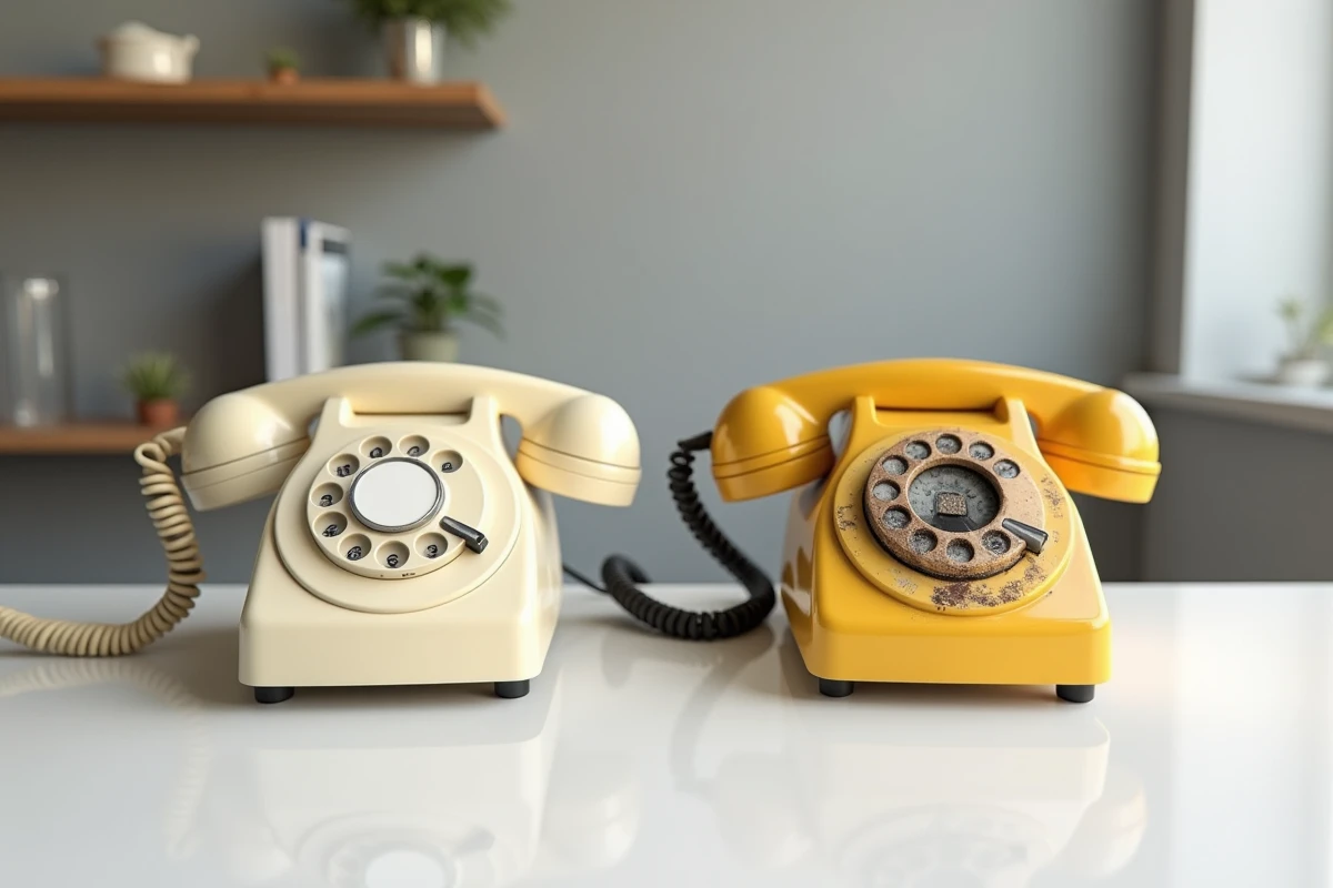 Comparaison entre un téléphone à cadran rotatif en bon état et un exemplaire défectueux avec pièces corrodées et plastique jauni