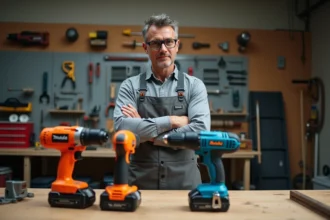Un homme compare une perceuse Parkside et une perceuse de marque professionnelle dans un atelier de bricolage