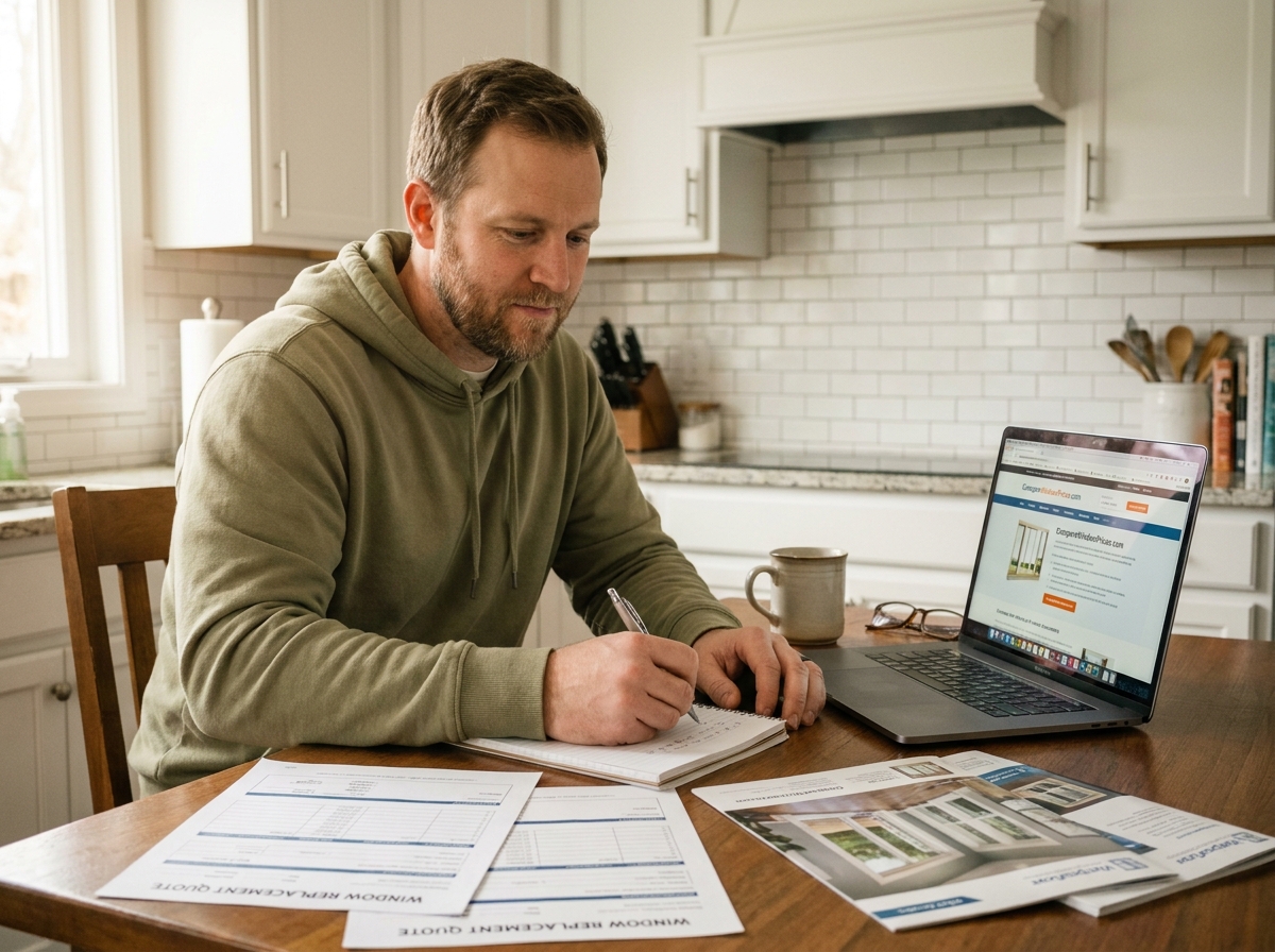 Homme comparant des devis de remplacement de fenêtres assis à une table de cuisine avec des catalogues et un ordinateur portable